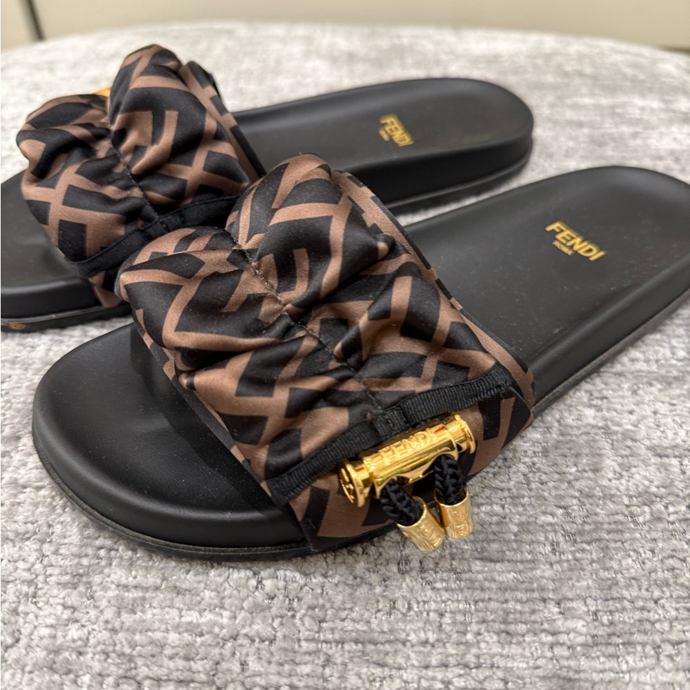 Fendi Brown Satin Slides - Picture 3 of 8